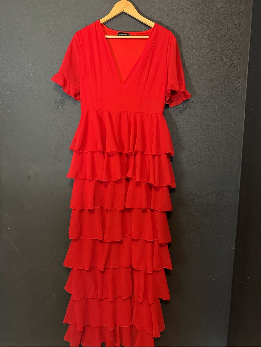 PrettyLittleThing Red V-Neck Tiered Ruffle Maxi Dress